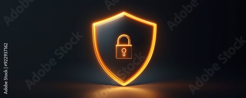 Glowing shield with lock icon on dark background representing cybersecurity, protection, and data privacy.