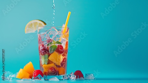 ice falls in a glass with color fruit drinks on blue background