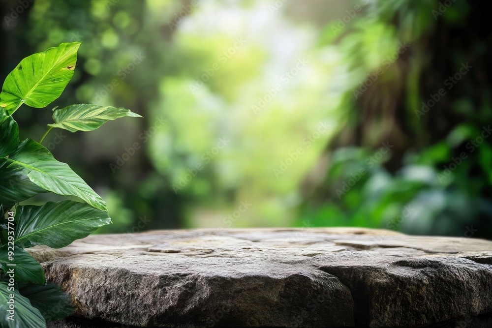 Stone tabletop podium floor in outdoors tropical garden forest blurred green leaf plant nature background.Natural product placement pedestal stand display,jungle paradise concept with generative ai Stone tabletop podium floor in outdoors tropical garden forest blurred green leaf plant nature background.Natural product placement pedestal stand display,jungle paradise concept with generative ai