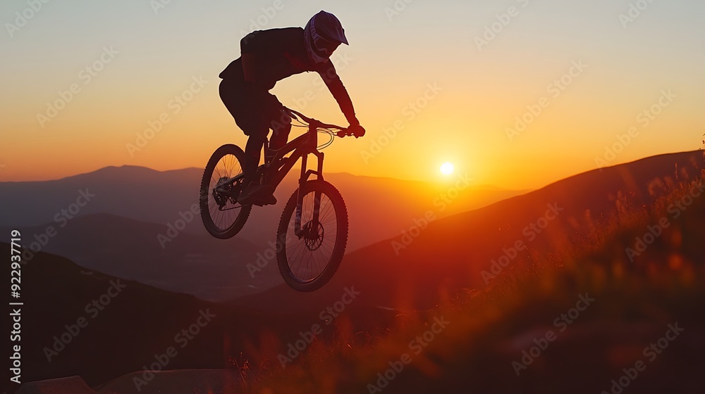 Obraz premium Mountain Biker Soaring Through Sunset Lit Hills in Epic Jump