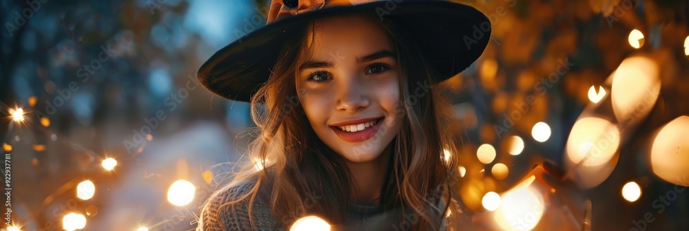 Fototapeta premium Captivating tutorial featuring cheerful young individual in a witch hat casting spells with a wand during a festive celebration, enjoying the playful spirit of Halloween.