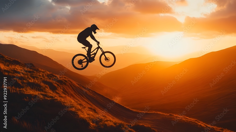 Mountain Biker Soars Into the Sunset Over Hilly Terrain