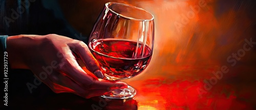 Graceful hand clasping a glass of deep red alcohol inviting ambiance with subtle reflections and rich color contrasts photo