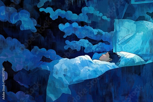 dreamlike illustration of sleep disorder with fragmented sleep patterns and shadows blending into a disorienting nightscape photo