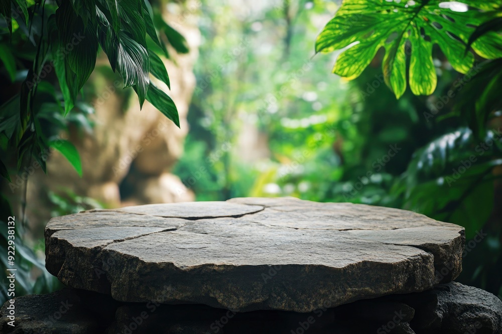Stone tabletop podium floor in outdoors tropical garden forest blurred green leaf plant nature background.Natural product placement pedestal stand display,jungle paradise concept with generative ai Stone tabletop podium floor in outdoors tropical garden forest blurred green leaf plant nature background.Natural product placement pedestal stand display,jungle paradise concept with generative ai