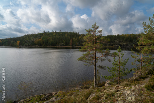 View from the shore of Lake Ladoga near the village of Lumivaara on a sunny autumn day, Ladoga skerries, Lahdenpohya, Republic of Karelia, Russia photo