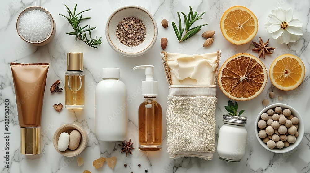 makeup bag with natural cosmetic products set on marble desk flat lay top view moisturizer cream body lotion serum dropper bottle make up brush skincare concept.