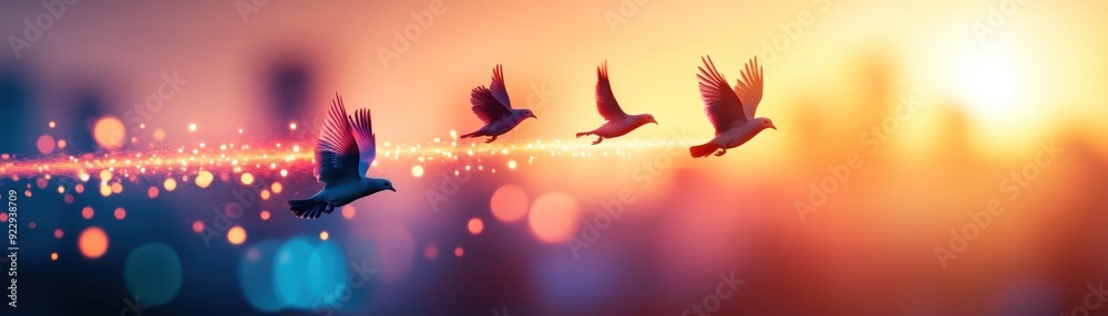 Fototapeta premium Hopeful Illumination - Glowing Light Beams and Watercolor Doves in Motion Illustration with Copy Space for Text