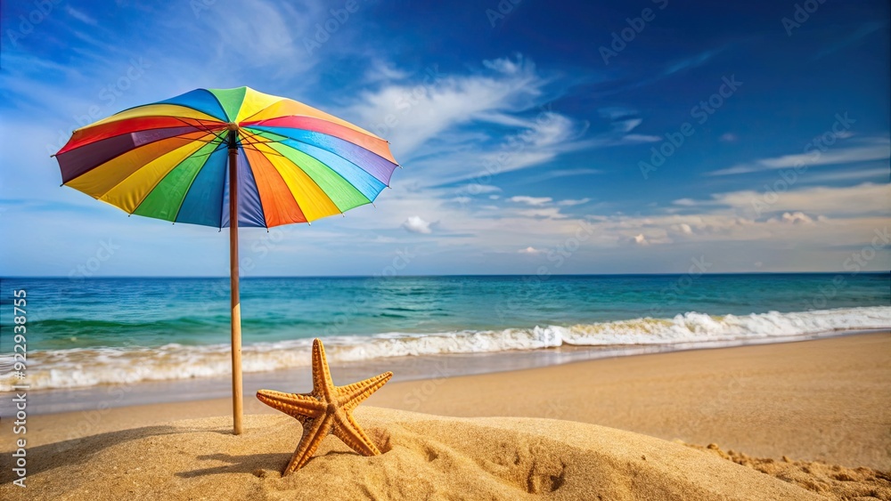 Colorful beach umbrella with wooden sign and starfish on sandy beach , beach, umbrella, colorful, wooden sign Colorful beach umbrella with wooden sign and starfish on sandy beach , beach, umbrella, colorful, wooden sign