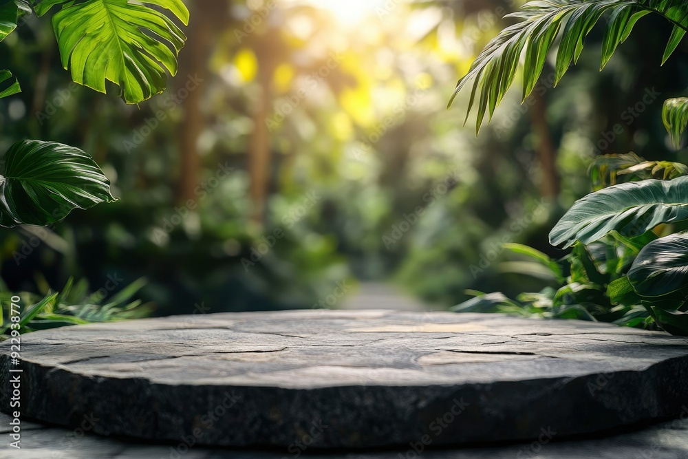 Stone tabletop podium floor in outdoors tropical garden forest blurred green leaf plant nature background.Natural product placement pedestal stand display,jungle paradise concept with generative ai Stone tabletop podium floor in outdoors tropical garden forest blurred green leaf plant nature background.Natural product placement pedestal stand display,jungle paradise concept with generative ai