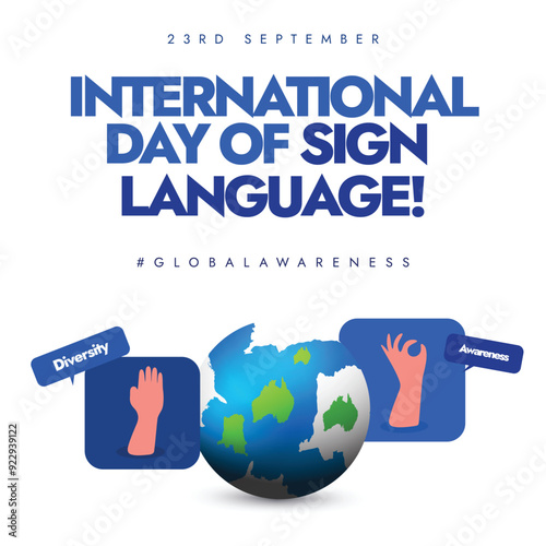 International Day of Sign Language background, post. 23 September Sign language day banner with hands making different signs, earth. The day raise awareness of sign language for rights of deaf people