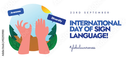 International Day of Sign Language background, cover banner, post. 23 September Sign Language Day banner with hands. The day raise raising awareness about the crucial role sign languages play for deaf