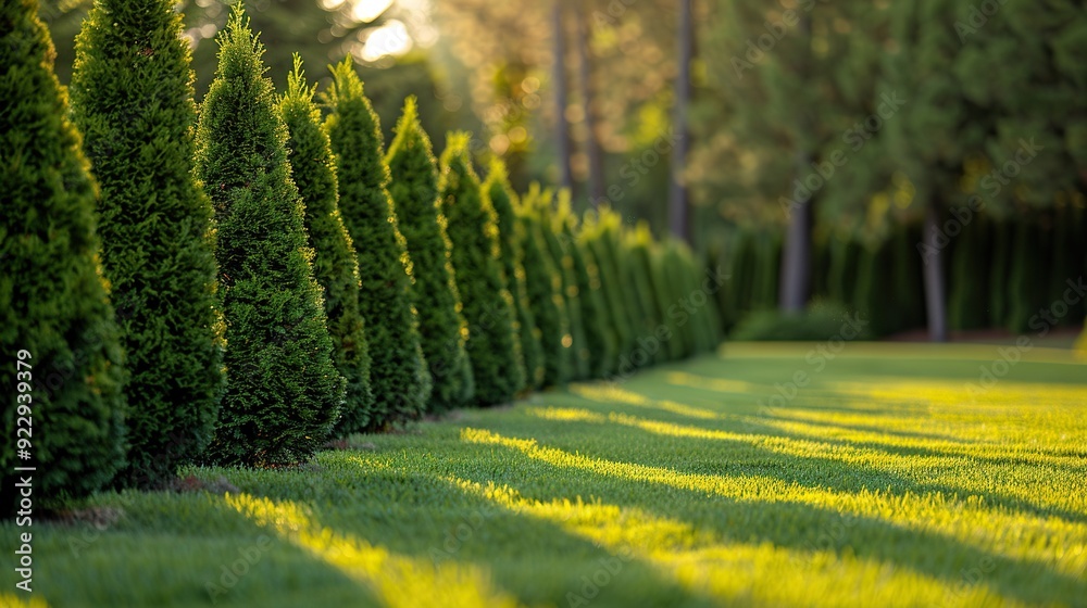 Fototapeta premium fertilizer sprayer,a row of thujas on green lawn spraying thuja trees against plant diseases,pests concept.