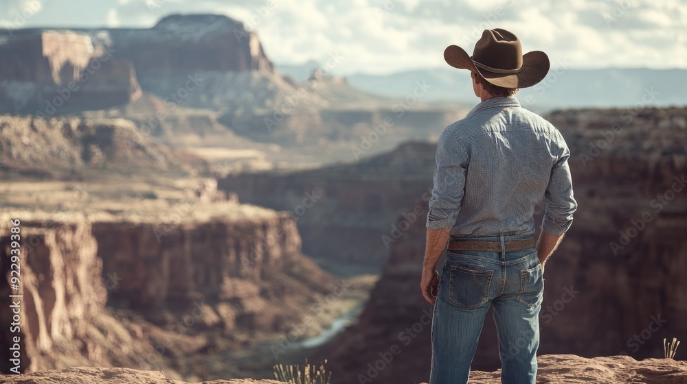 A cowboy stands at the edge of a canyon, gazing out at the stunning rock formations and river below as the sun sets in the background. A cowboy stands at the edge of a canyon, gazing out at the stunning rock formations and river below as the sun sets in the background.