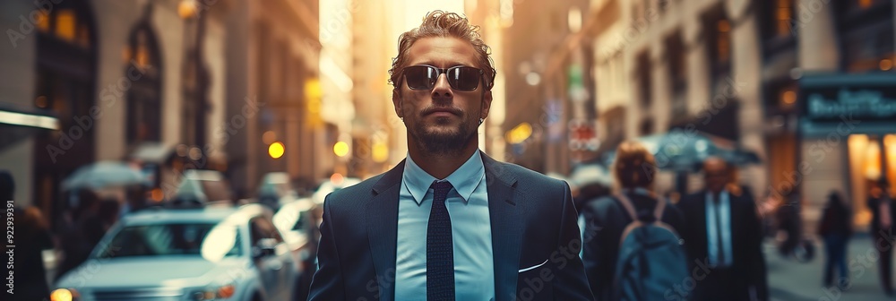 An assured businessman wearing a suit and sunglasses. Generative Ai An assured businessman wearing a suit and sunglasses. Generative Ai