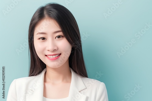 Beautifull Asian Young Woman Smiling and Laughing, Blank White and Blue, Business Woman Attractive Smile