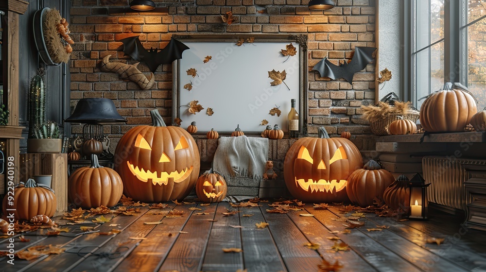 Obraz premium jack o lantern halloween decorations,blank picture frame on brick tile wall background with bats happy halloween concept.