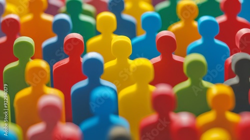 Close-Up of Colorful Plastic Toy Human Figures Crowd in Abstract Shape Representing Diversity and Inclusion with Clean, Sharp focus in a Modern Stock Photo