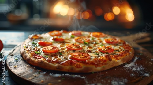 A close-up image of a gourmet pizza being cooked in a wood oven, with toppings and cheese visible.