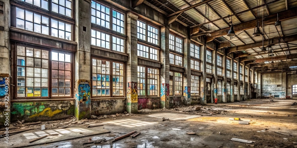 Desolate and eerie abandoned factory with broken windows and graffiti ...