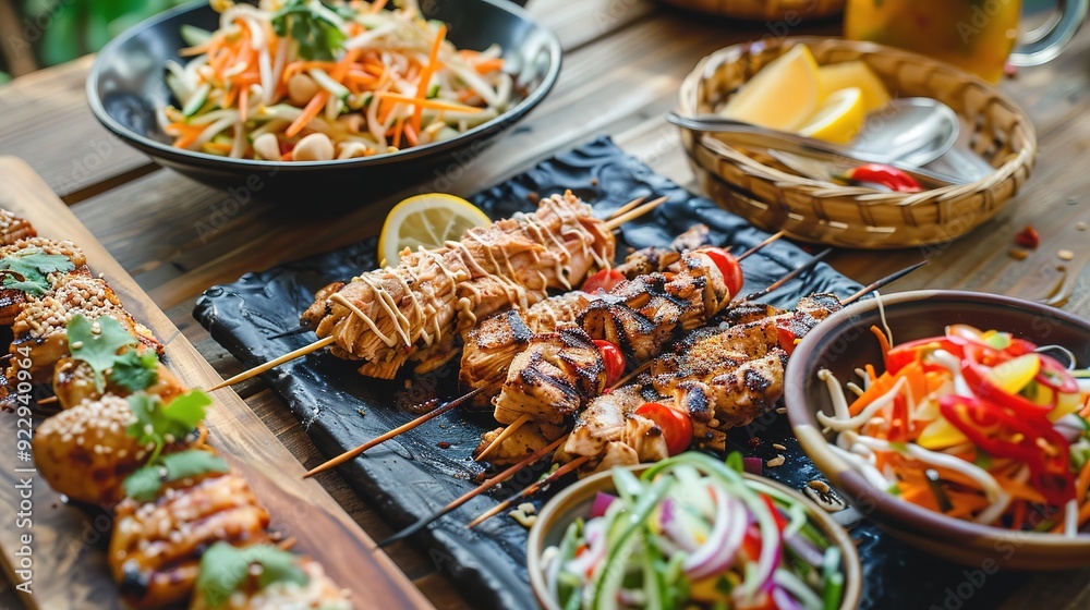Asian food, grilled chicken, papaya salad Asian food, grilled chicken, papaya salad