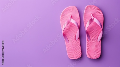 Pink beach slippers on purple background