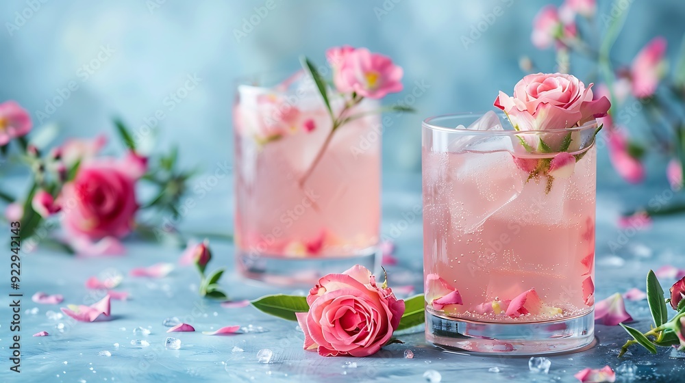 Pink rose cocktails drinks or lemonade with rose flowers on blue background Pink rose cocktails drinks or lemonade with rose flowers on blue background