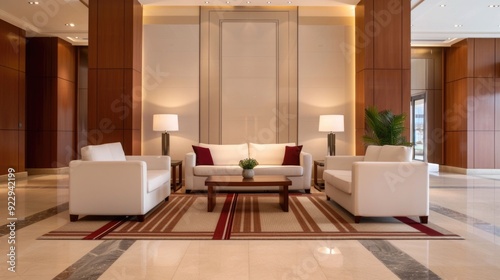 Luxurious hotel lobby with modern and elegant architectural design featuring high ceilings marble floors decorative columns plush seating