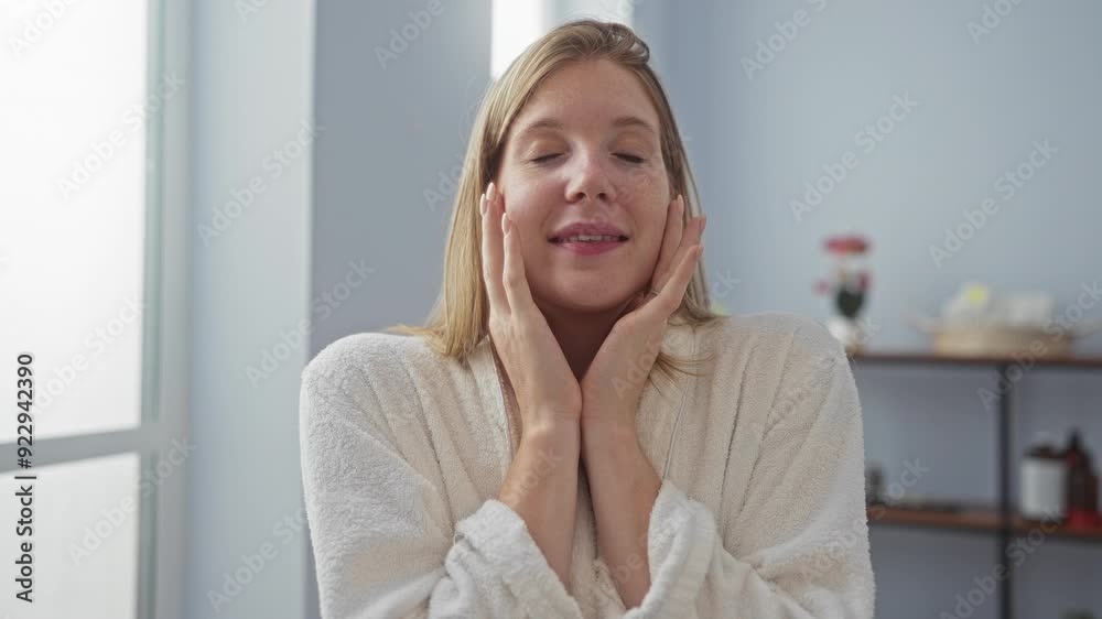 Woman relaxing at spa center with eyes closed in indoor wellness room wearing white robe Woman relaxing at spa center with eyes closed in indoor wellness room wearing white robe