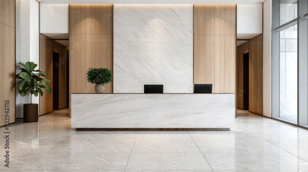 Luxurious hotel reception area with high end marble flooring wooden wall panels and modern lighting fixtures creating an atmosphere of elegance and sophistication Luxurious hotel reception area with high end marble flooring wooden wall panels and modern lighting fixtures creating an atmosphere of elegance and sophistication