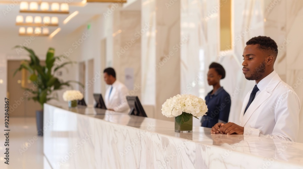 Luxury hotel lobby with a concierge desk and attentive staff assisting guests with their needs and providing customer service in a modern elegant and contemporary setting Luxury hotel lobby with a concierge desk and attentive staff assisting guests with their needs and providing customer service in a modern elegant and contemporary setting