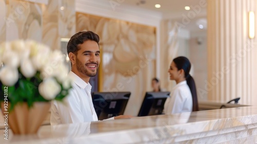 Elegant and sophisticated hotel lobby with a concierge desk and staff members providing assistance and services to guests in a high end contemporary interior design setting