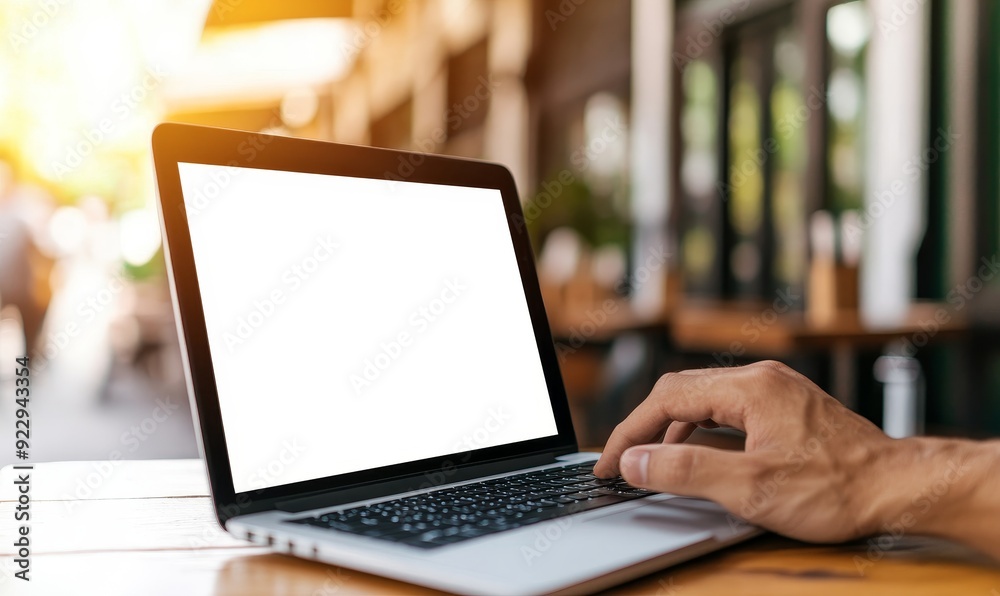 man using laptop with blank screen in cafe - modern lifestyle and work concept. man using laptop with blank screen in cafe - modern lifestyle and work concept.