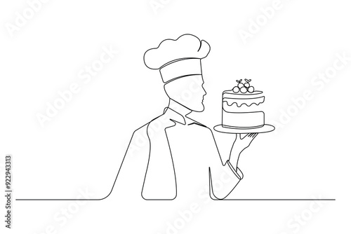 Continuous single-line art drawing of chef holding plate of cherry cake. Vector illustrations.