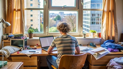 A messy desk cluttered with papers, a laptop open on a student's face, gazing out of a dorm room window. photo