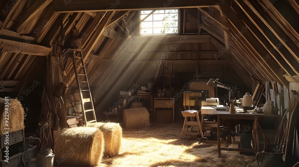 Fototapeta premium Sunlit Workstation in a Rustic Barn Loft with Hay Bales Nearby