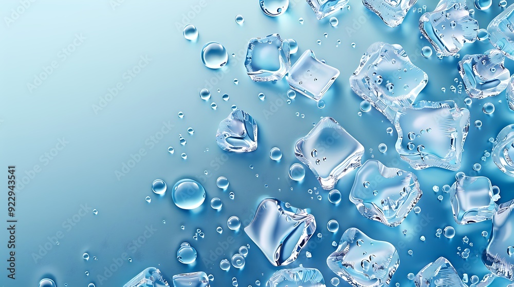 Realistic Ice Cubes and Water Drops on a Blue Background Realistic Ice Cubes and Water Drops on a Blue Background