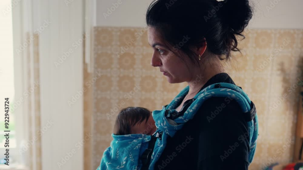 Mother holds her baby close in a wrap, with a pensive and thoughtful expression, showcasing the bond between mother and child during a quiet and slightly preoccupied moment at home Mother holds her baby close in a wrap, with a pensive and thoughtful expression, showcasing the bond between mother and child during a quiet and slightly preoccupied moment at home