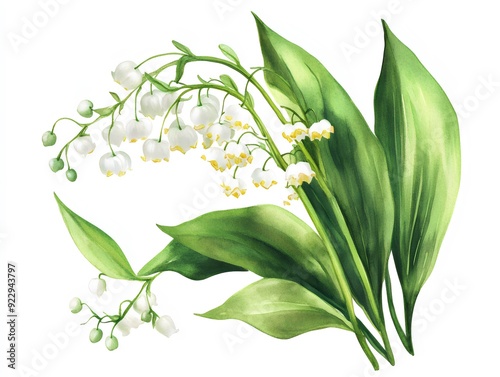 Beautiful wildflower with bouquet of Convallaria, Lilies of the Valley, May Bells, watercolor illustration of spring flowers isolated on white background. Generative AI
