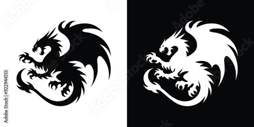 Black and White Abstract Dragon Silhouette - Modern Fantasy Logo Design
