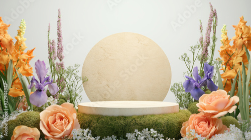 Elegant Studio Mockup Scene with Floral Elements and Pedestal. this composition is ideal for beauty product mockups