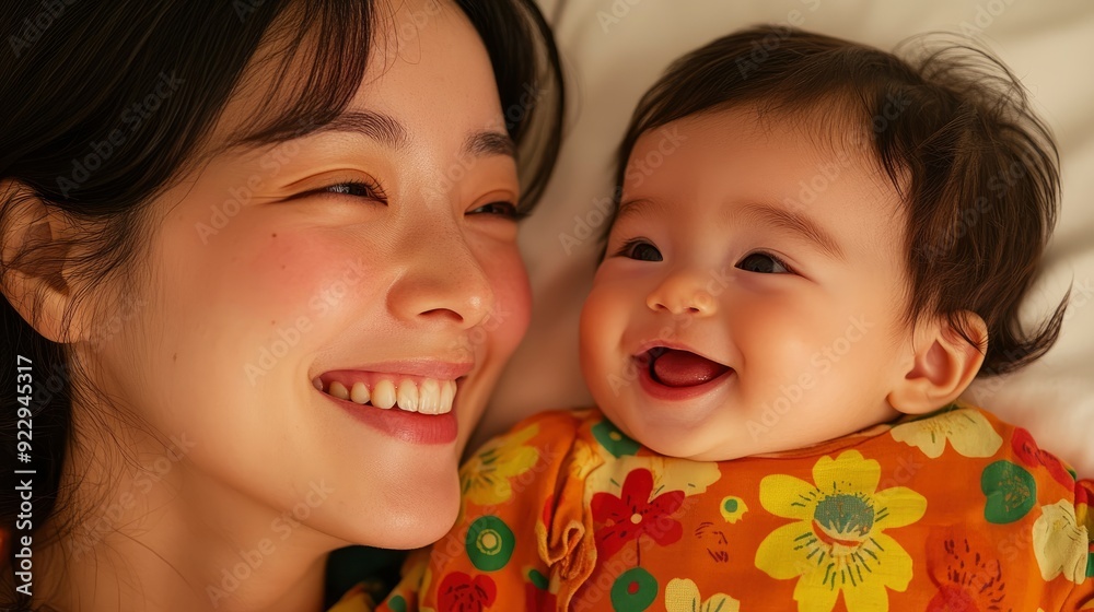 Asian Mother Lying On Bed, Holding Her Infant In The Air, Love In Every Gaze