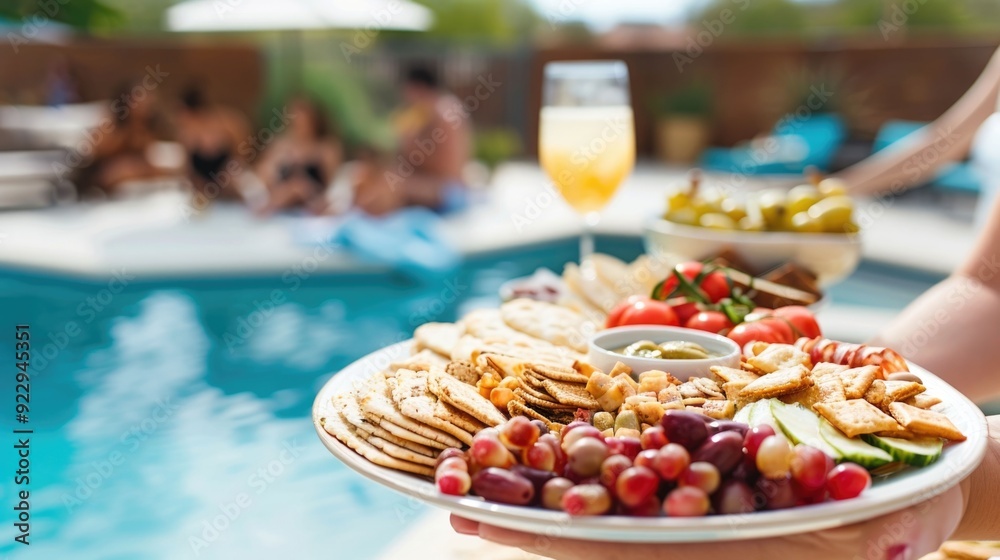 Snacks and Beverages Spread on a Table by the Poolside with Family Members Relaxing and Enjoying Leisure Time Together During a Summer Vacation or Snacks and Beverages Spread on a Table by the Poolside with Family Members Relaxing and Enjoying Leisure Time Together During a Summer Vacation or