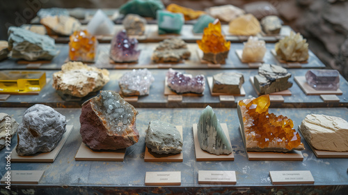 Close-up of different types of rocks and minerals extracted from the quarry, displayed on a table with labels. photo