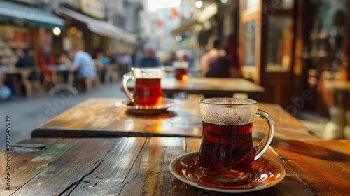 Fototapeta Naklejka Na Ścianę i Meble -  Savoring the authentic turkish tea at a charming street cafe in istanbul, turkey