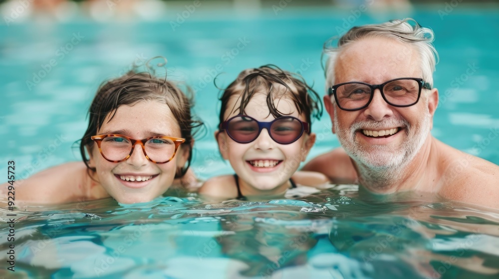 Fototapeta premium Family Enjoying Carefree Poolside Fun and Time Together on Vacation with Grandparents Parents and Children Smiling and Splashing Around in the Water
