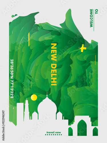 New Delhi city poster with abstract skyline, cityscape, landmark and attraction. India capital vector illustration layout for vertical brochure, website, flyer, presentation