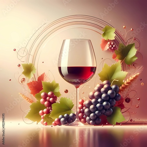 Wine glass, glass of red wine, grapes and leaves on a bright background.  Creative copy space design with fine grapes and grapes, suitable for sommelier, restaurant, vineyard or winery