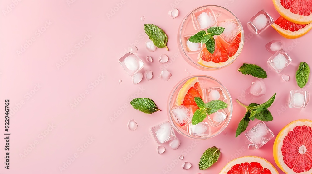 Summer cold cocktail with ice cubes juice and slices grapefruit on pastel pink background Summer cold cocktail with ice cubes juice and slices grapefruit on pastel pink background