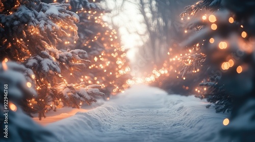 Wallpaper Mural Magical Winter Wonderland Path with Snowy Christmas Trees and Warm Twinkling Lights Torontodigital.ca